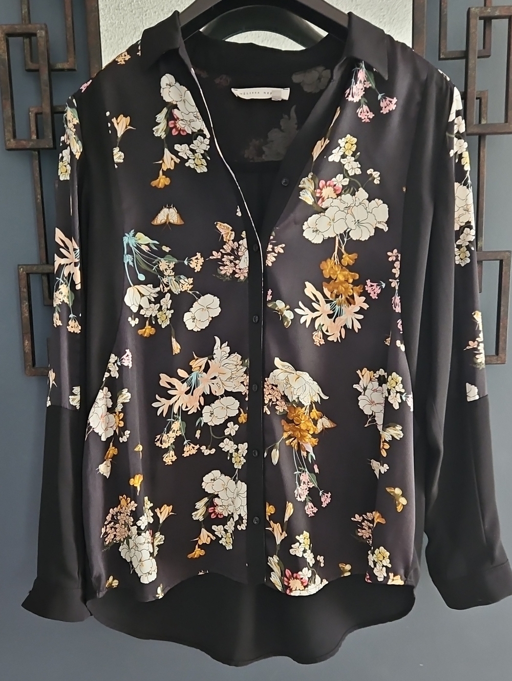 Melissa Nepton Size Large Black Floral Blouse Semi Sheer